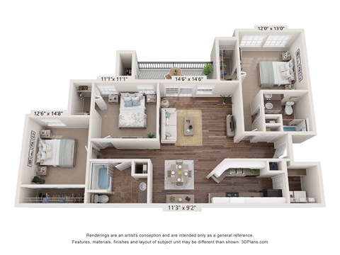 Floor plan for 3 beds, 2 baths, 1416 sqft